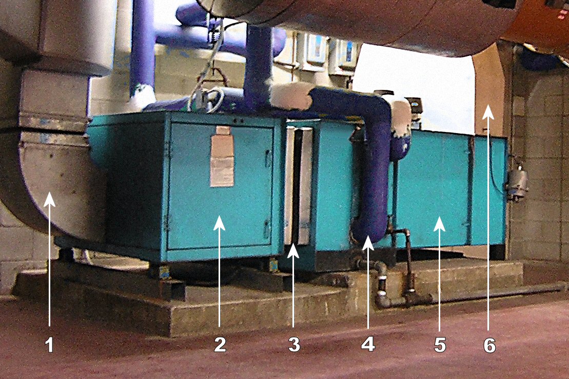 Air handling unit with duct connections and internal HVAC equipment compartments visible.